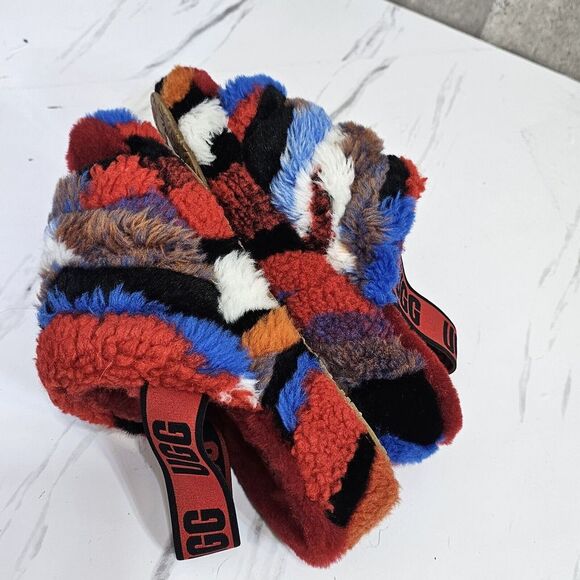 UGG Australia Womens 7 Fluff Yeah Plush Slide‎ Sandal Red Cali Collage Sandals - Picture 6 of 13